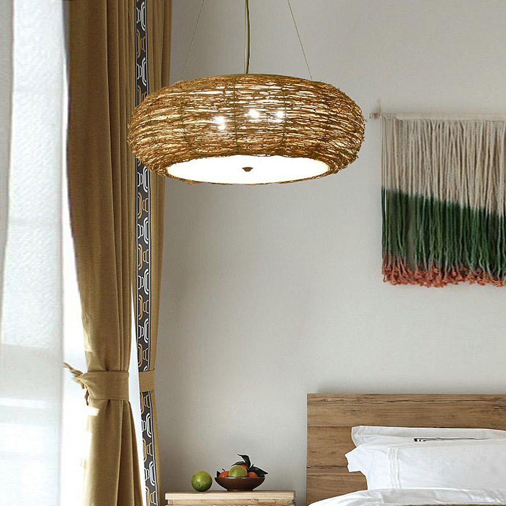 Flat Peach Wicker Pendant Light - Farmhouse Burlywood Ceiling Lamp