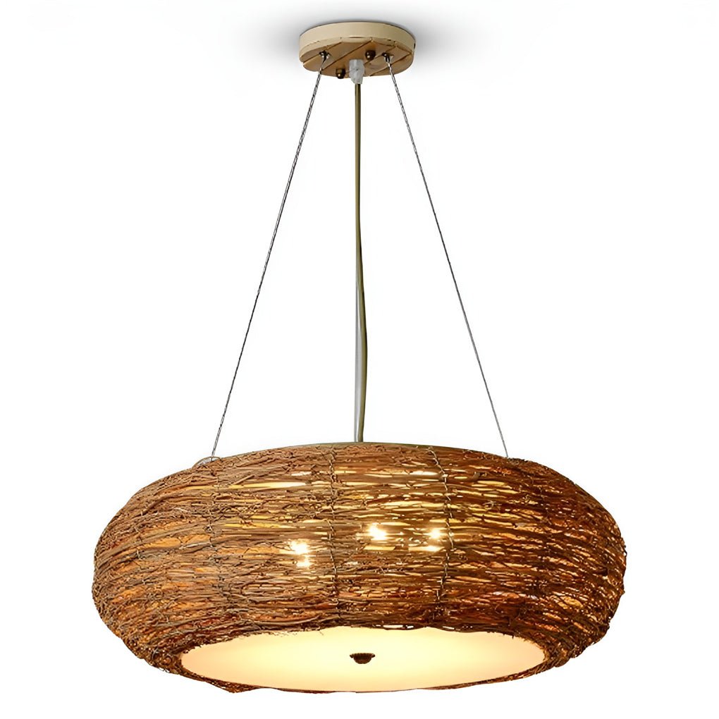 Flat Peach Wicker Pendant Light - Farmhouse Burlywood Ceiling Lamp