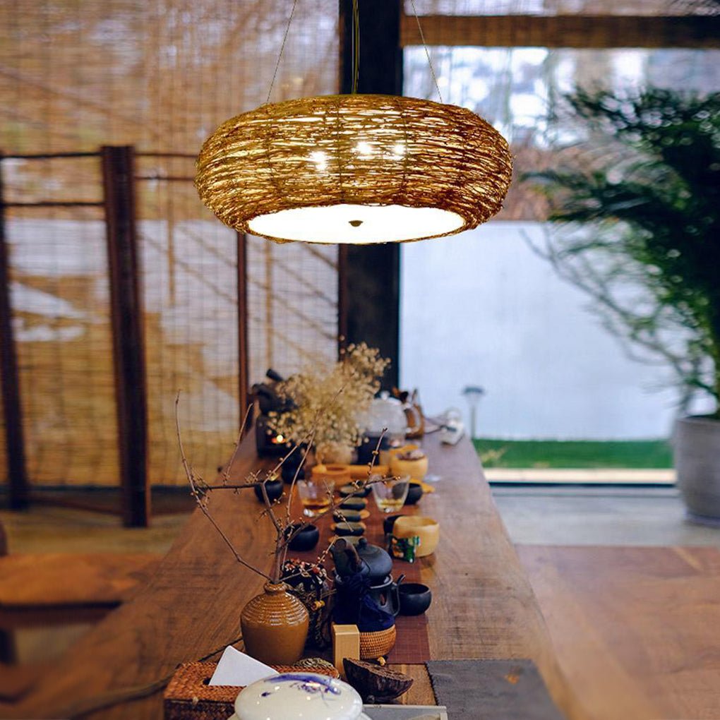 Flat Peach Wicker Pendant Light - Farmhouse Burlywood Ceiling Lamp
