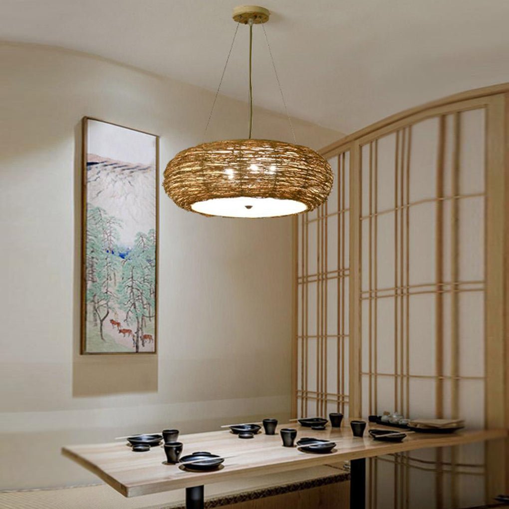 Flat Peach Wicker Pendant Light - Farmhouse Burlywood Ceiling Lamp