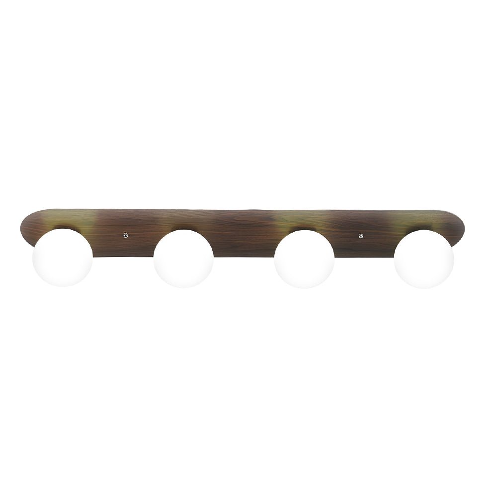 Walnut Wood Flush Mount Ceiling Light with Milky White Glass Globes