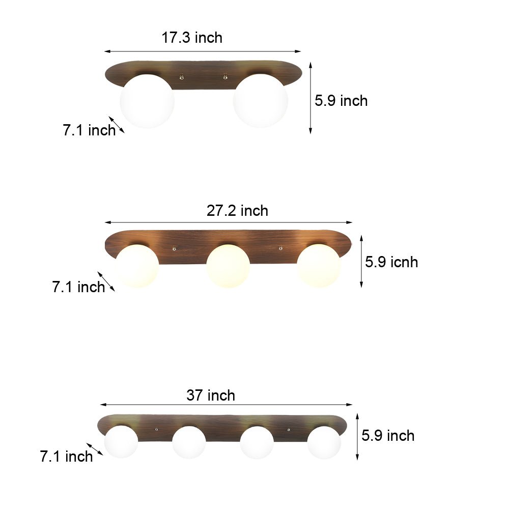 Walnut Wood Flush Mount Ceiling Light with Milky White Glass Globes