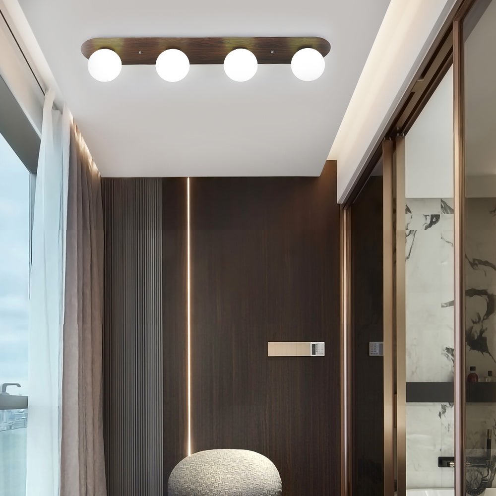 Walnut Wood Flush Mount Ceiling Light with Milky White Glass Globes