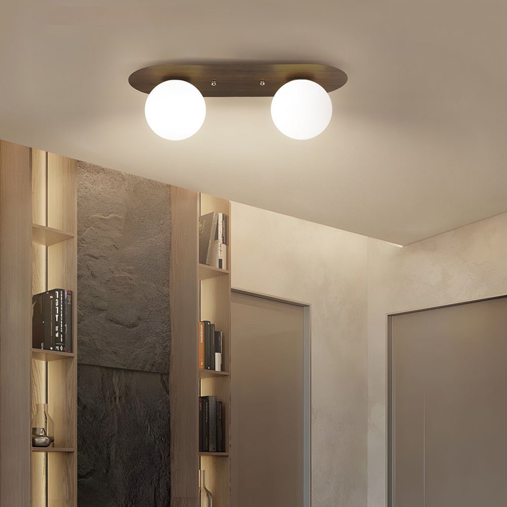 Walnut Wood Flush Mount Ceiling Light with Milky White Glass Globes