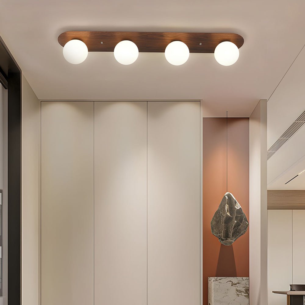 Walnut Wood Flush Mount Ceiling Light with Milky White Glass Globes
