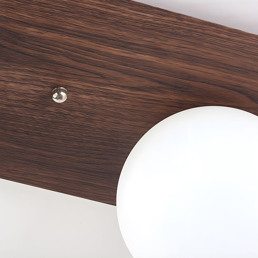 Walnut Wood Flush Mount Ceiling Light with Milky White Glass Globes