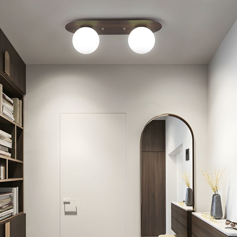 Walnut Wood Flush Mount Ceiling Light with Milky White Glass Globes