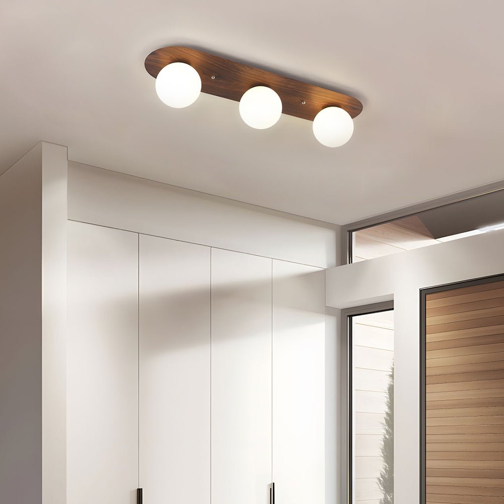 Walnut Wood Flush Mount Ceiling Light with Milky White Glass Globes