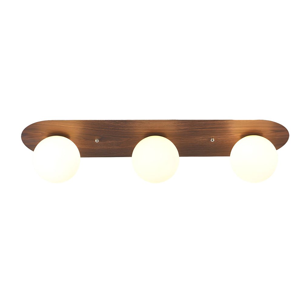 Walnut Wood Flush Mount Ceiling Light with Milky White Glass Globes