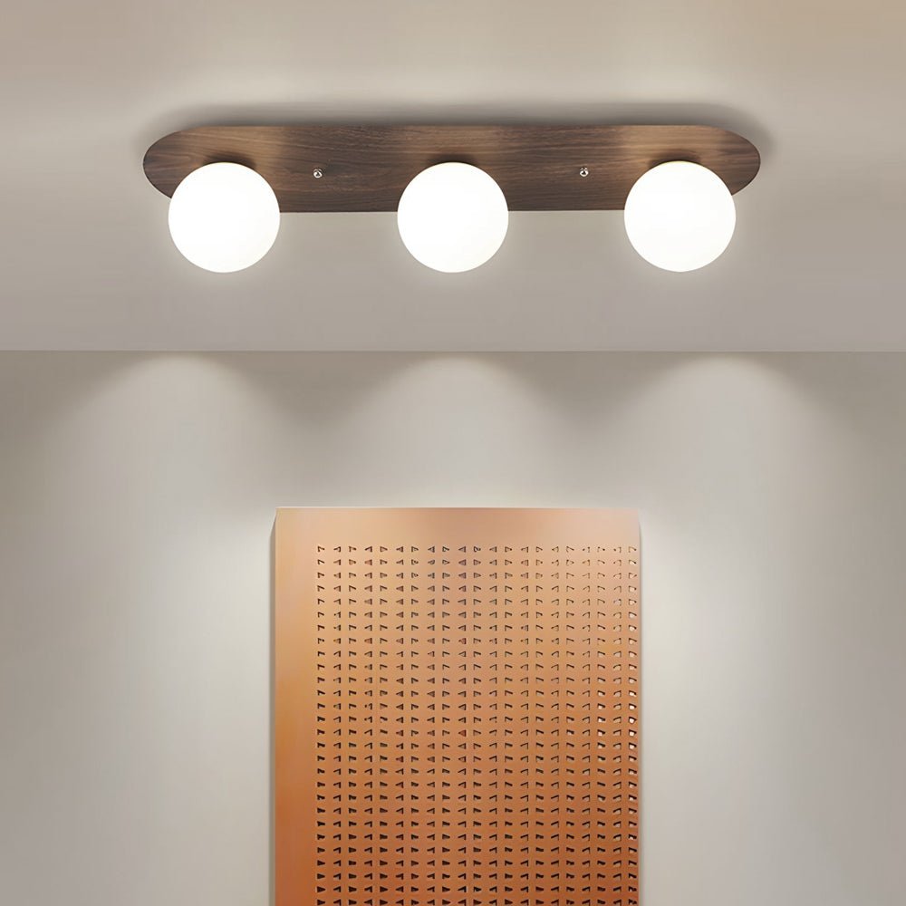 Walnut Wood Flush Mount Ceiling Light with Milky White Glass Globes