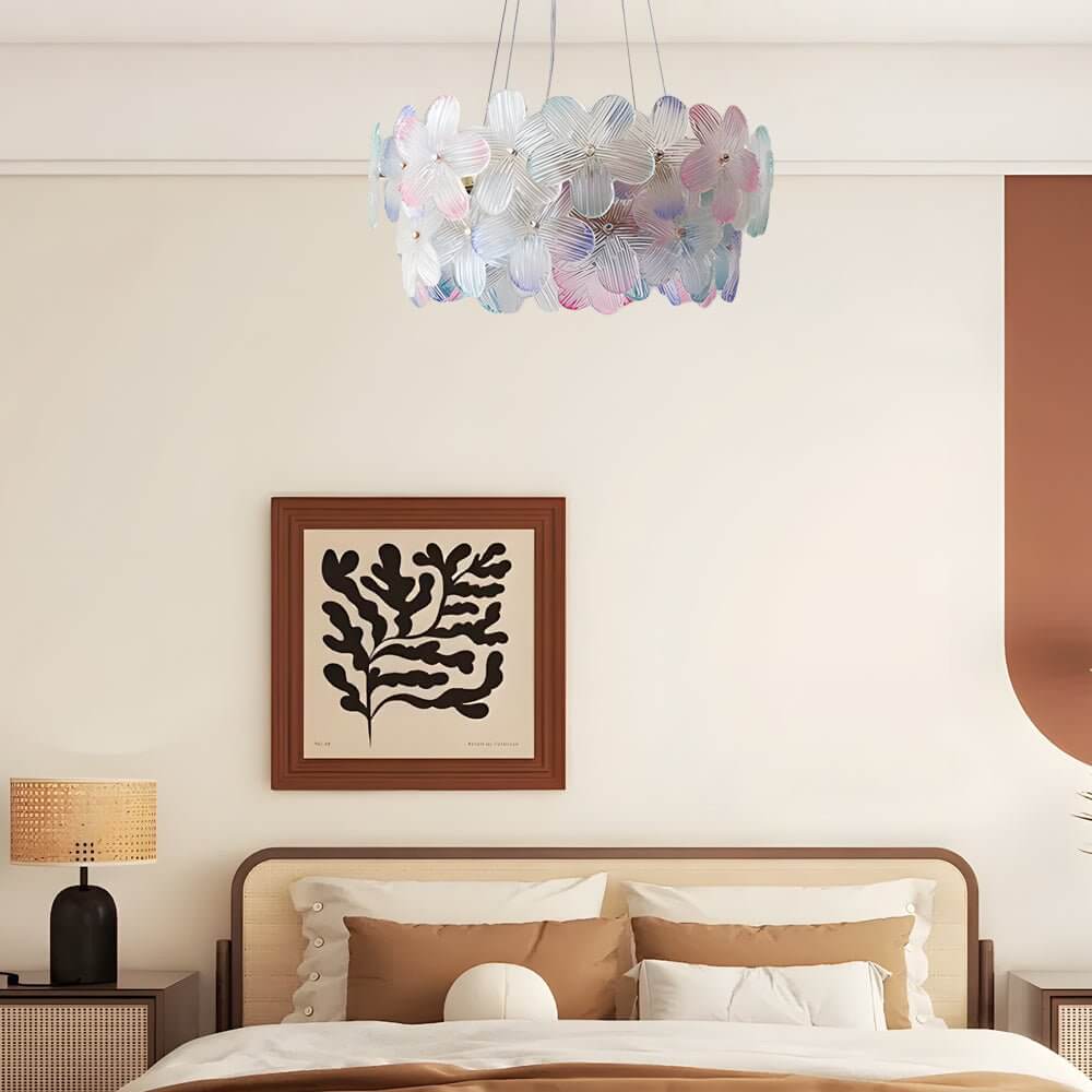 Floral Glass Chandelier Round Gold Frame Multicolor Shades