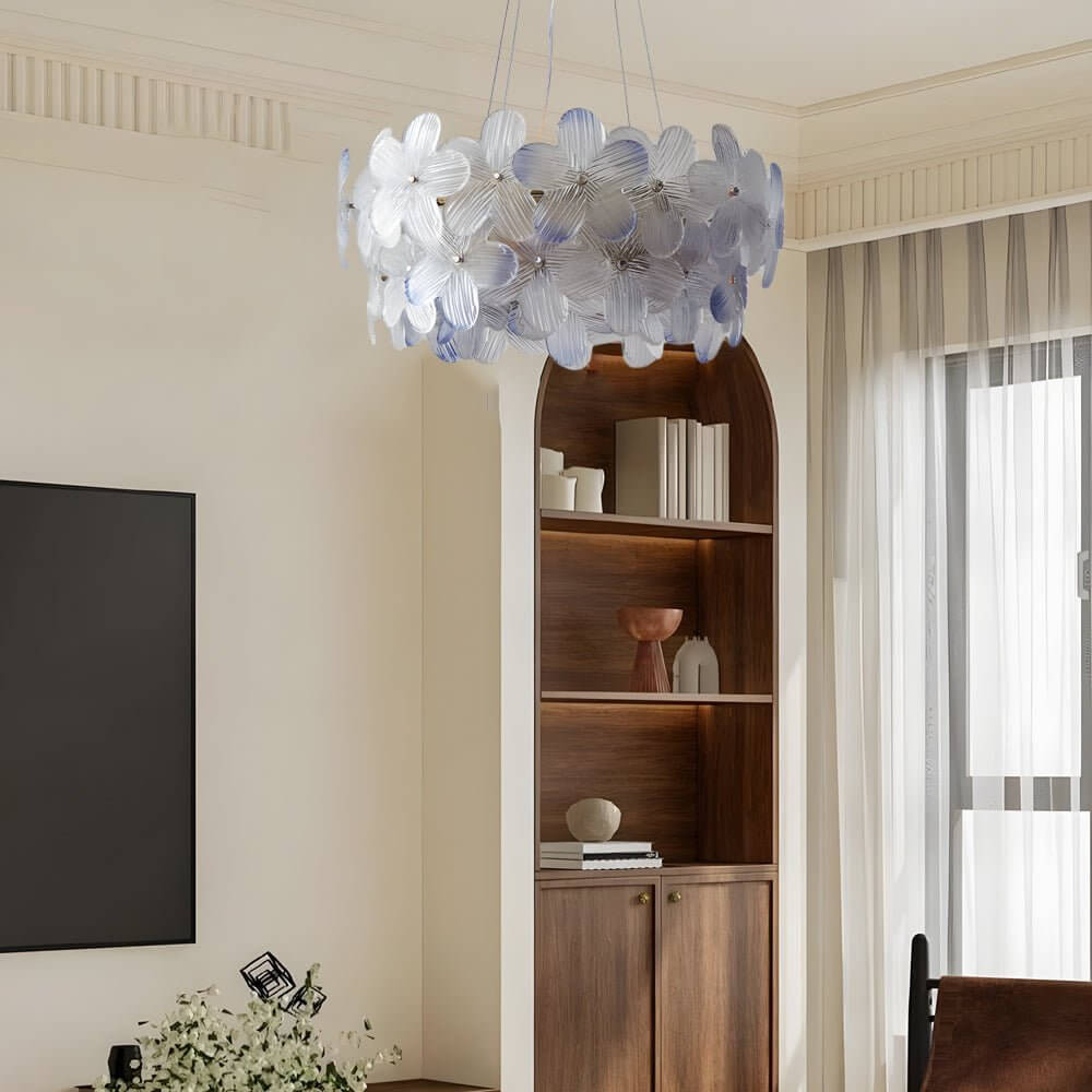 Floral Glass Chandelier Round Gold Frame Multicolor Shades