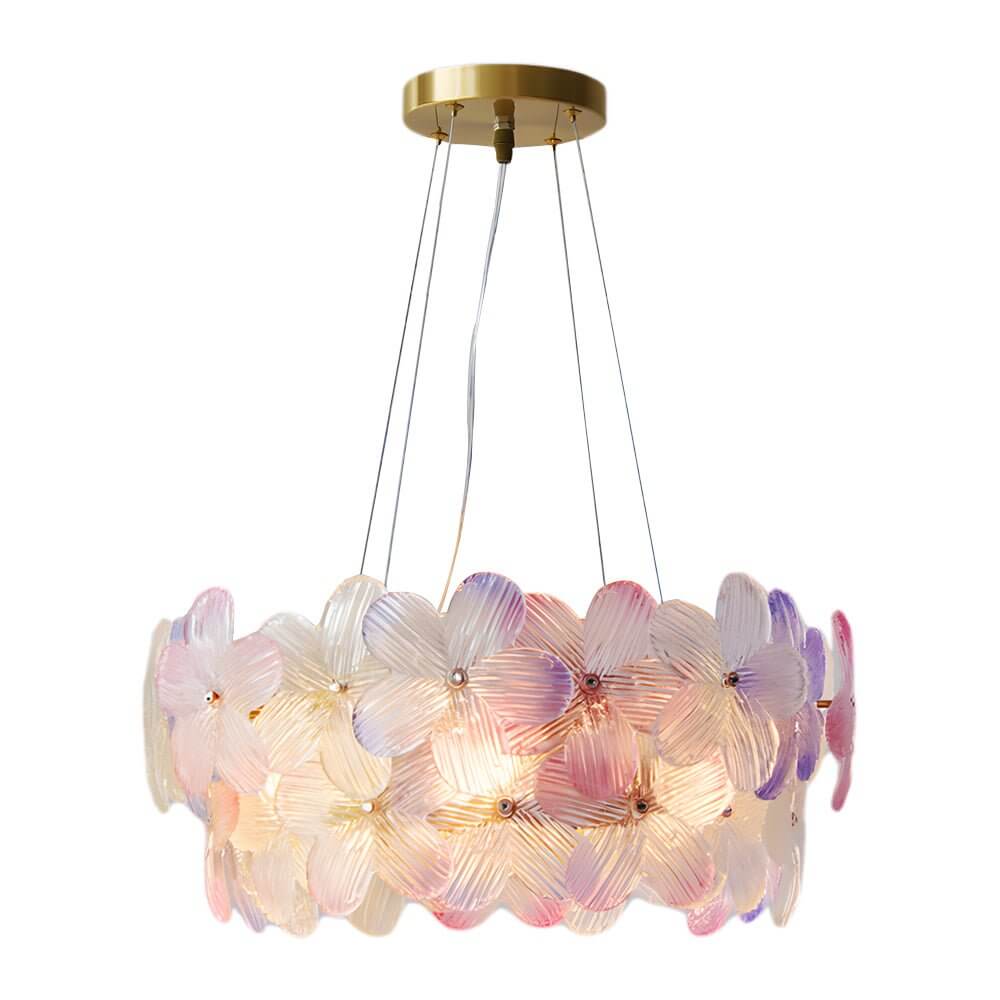 Floral Glass Chandelier Round Gold Frame Multicolor Shades