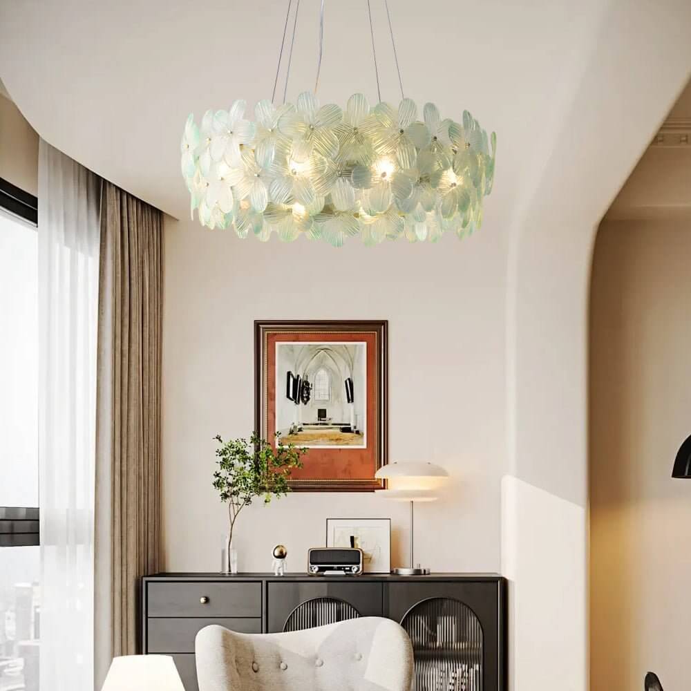 Floral Glass Chandelier Round Gold Frame Multicolor Shades