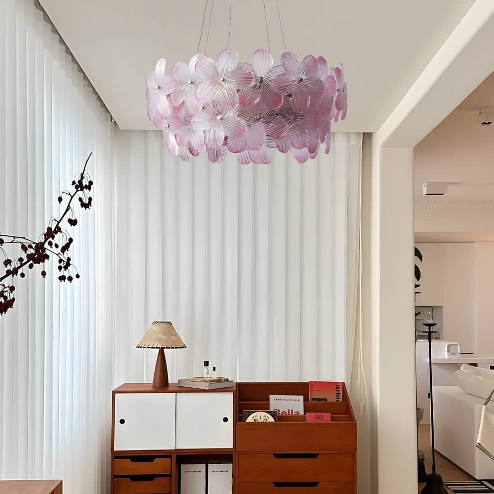Floral Glass Chandelier Round Gold Frame Multicolor Shades