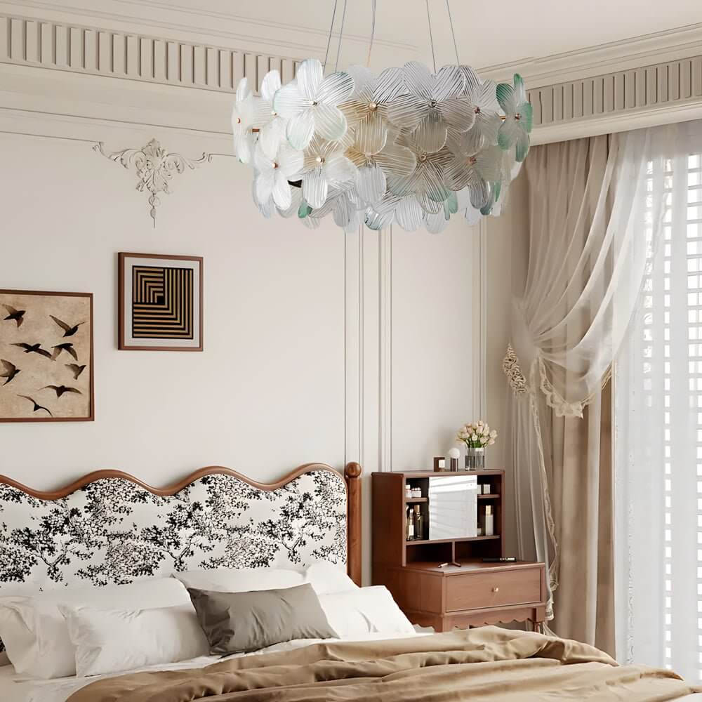 Floral Glass Chandelier Round Gold Frame Multicolor Shades