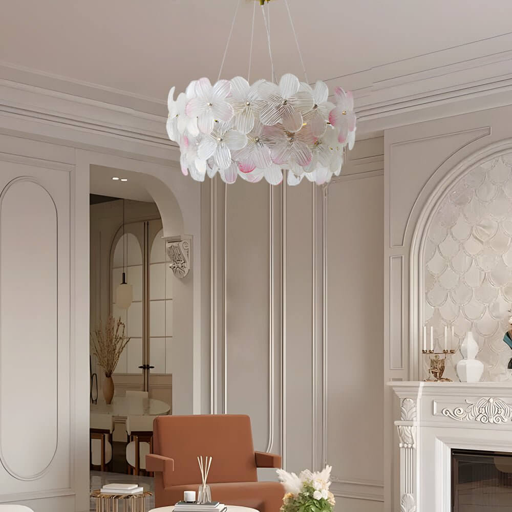 Floral Glass Chandelier Round Gold Frame Multicolor Shades