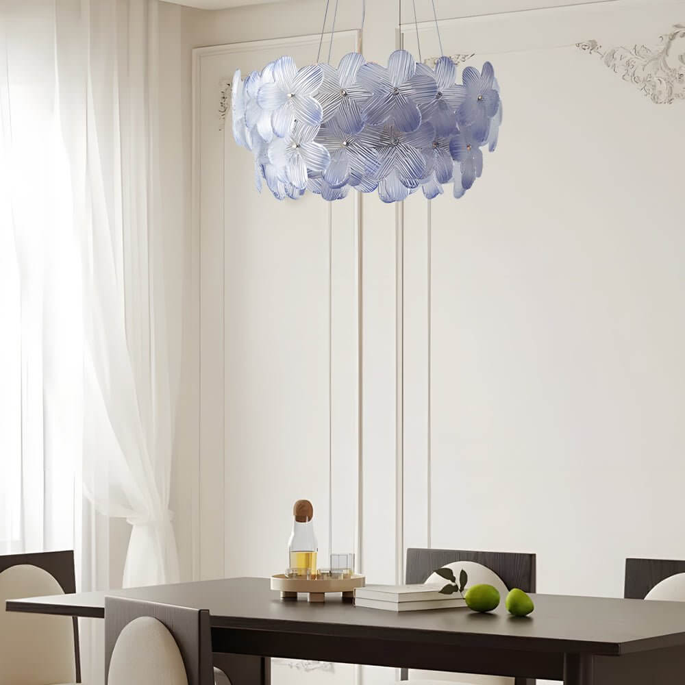 Floral Glass Chandelier Round Gold Frame Multicolor Shades