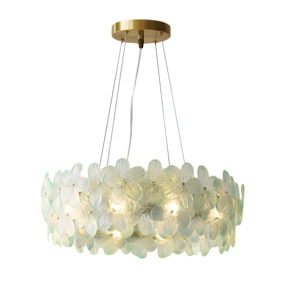 Floral Glass Chandelier Round Gold Frame Multicolor Shades
