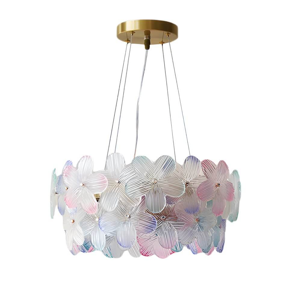 Floral Glass Chandelier Round Gold Frame Multicolor Shades