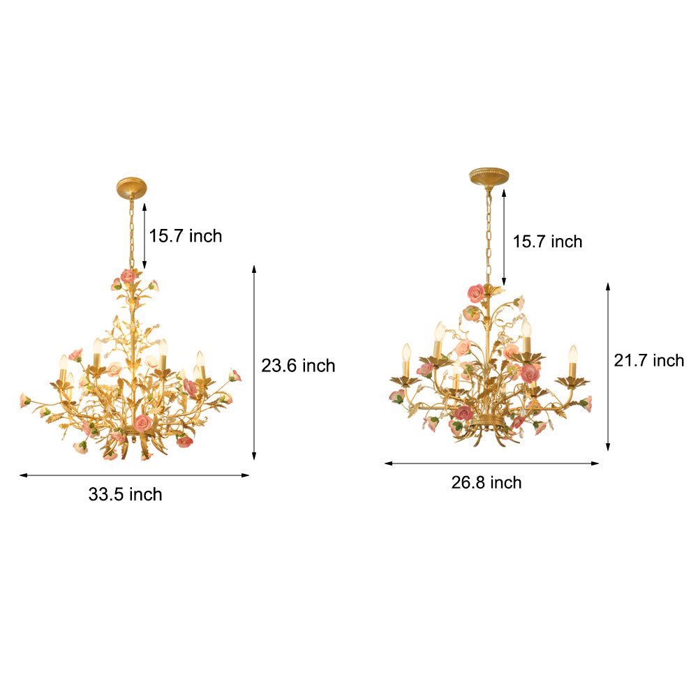 Ceramic Pink Rose Crystal Chandelier 6/8-Light Pastoral Gold