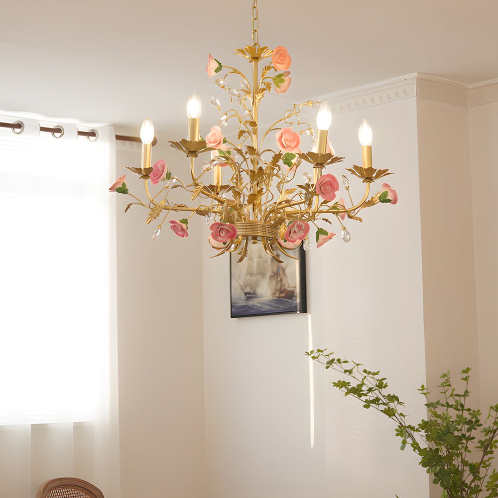Ceramic Pink Rose Crystal Chandelier 6/8-Light Pastoral Gold