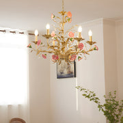 Ceramic Pink Rose Crystal Chandelier 6/8-Light Pastoral Gold
