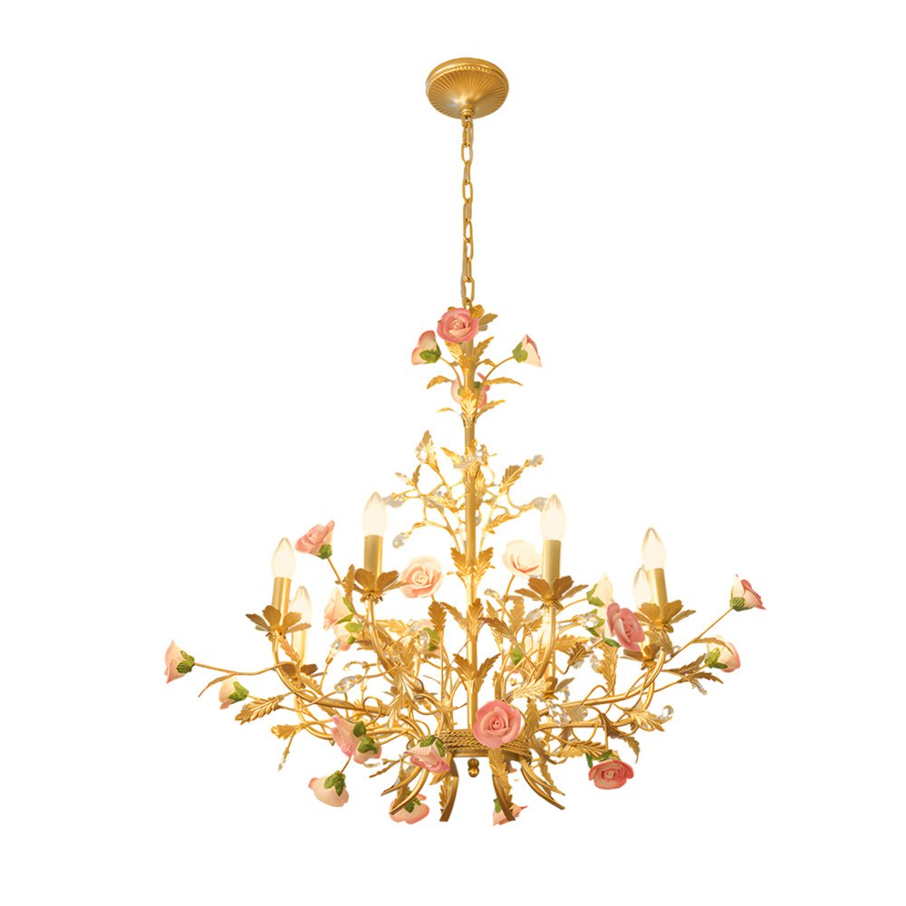 Ceramic Pink Rose Crystal Chandelier 6/8-Light Pastoral Gold