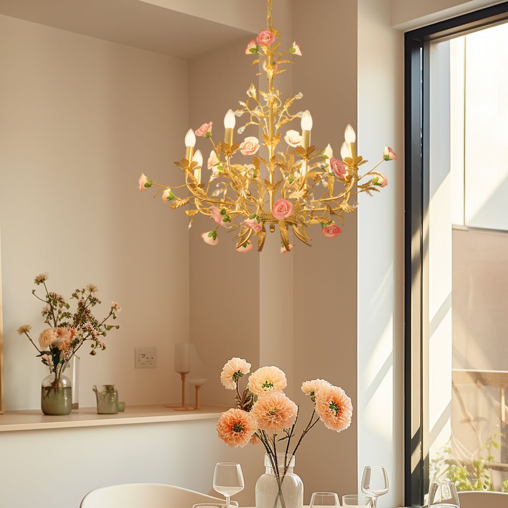 Ceramic Pink Rose Crystal Chandelier 6/8-Light Pastoral Gold