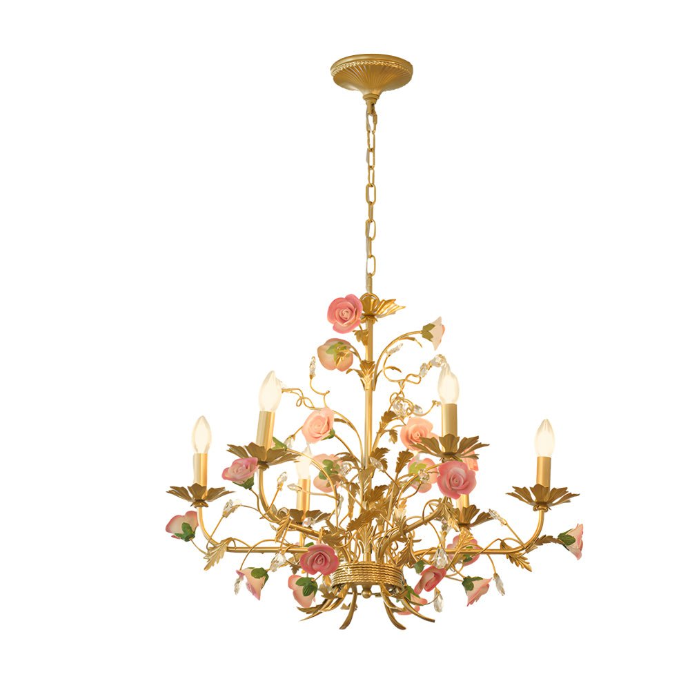 Ceramic Pink Rose Crystal Chandelier 6/8-Light Pastoral Gold