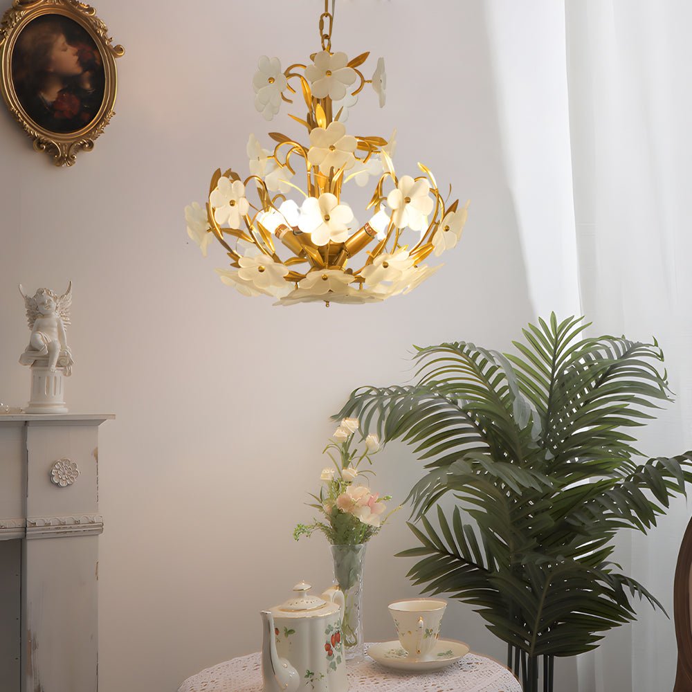 4-Light Glass Flower Bouquet Chandelier Gold Finish