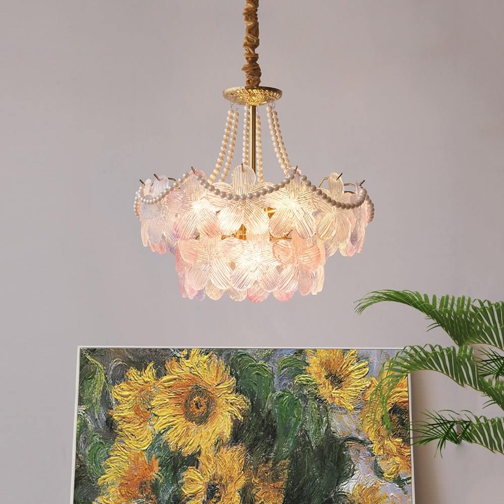 Tiered Glass Flower Chandelier - Modern Gold Iron Pendant Light