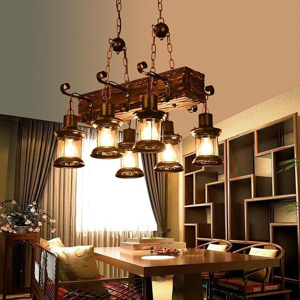 6-Light Farmhouse Wooden Chandelier with Glass Lantern Shades