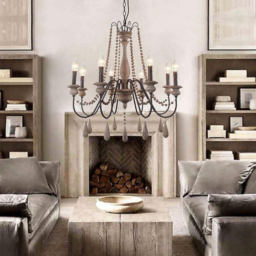 Farmhouse Wood Bead Chandelier with Candle-Style Lights 6-Light