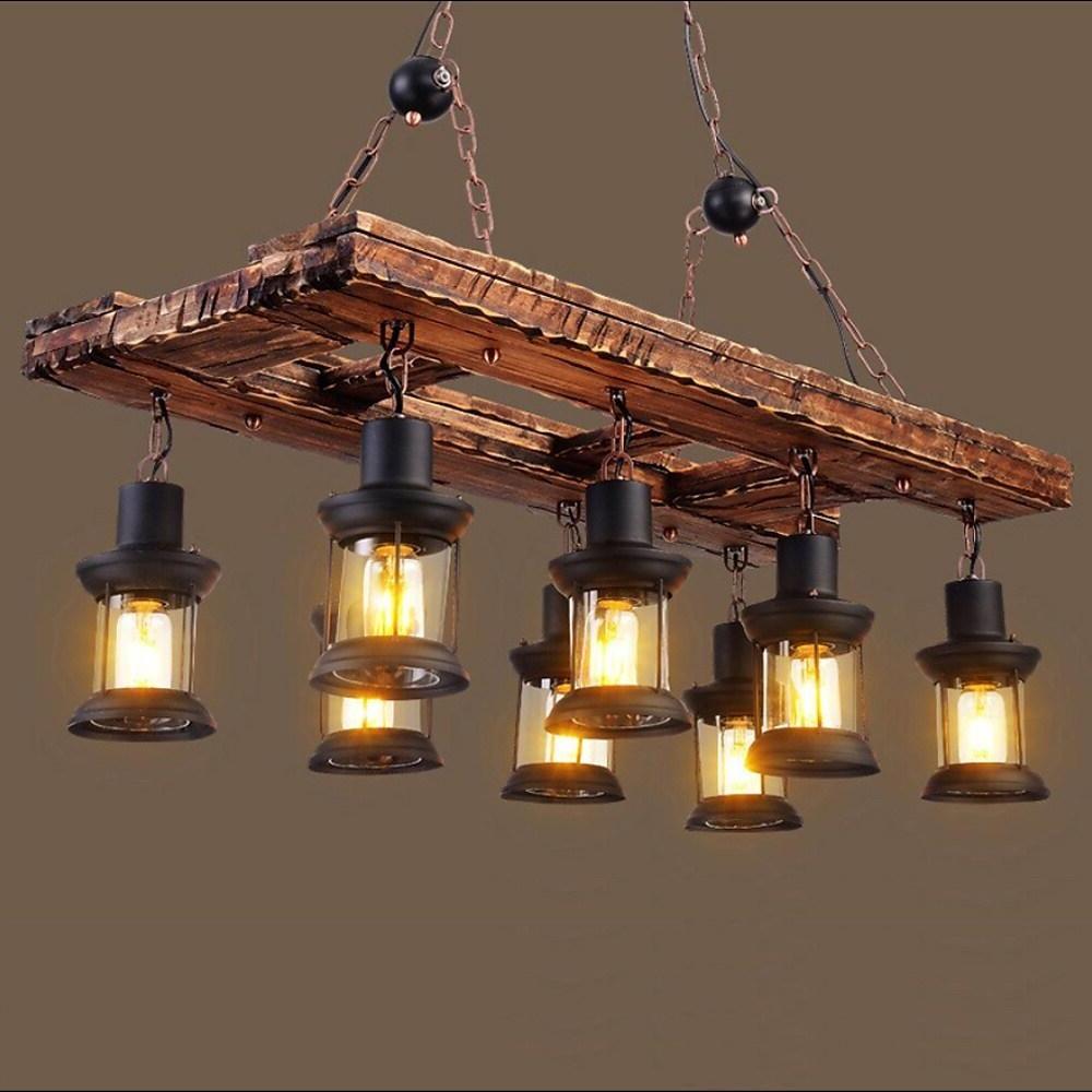 8-Light Vintage Wooden Chandelier with Glass Shades