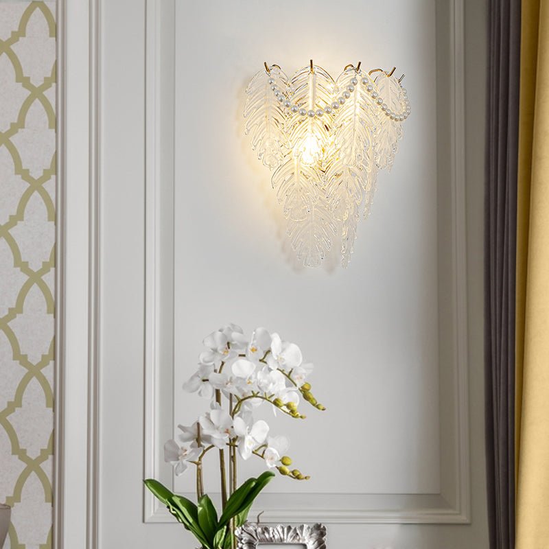 Glass Leaf Wall Sconce with Pearl Tassels – 3-Step Dimming LED