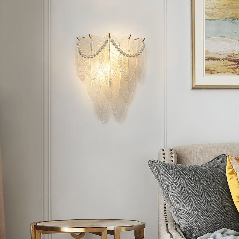 Glass Leaf Wall Sconce with Pearl Tassels – 3-Step Dimming LED