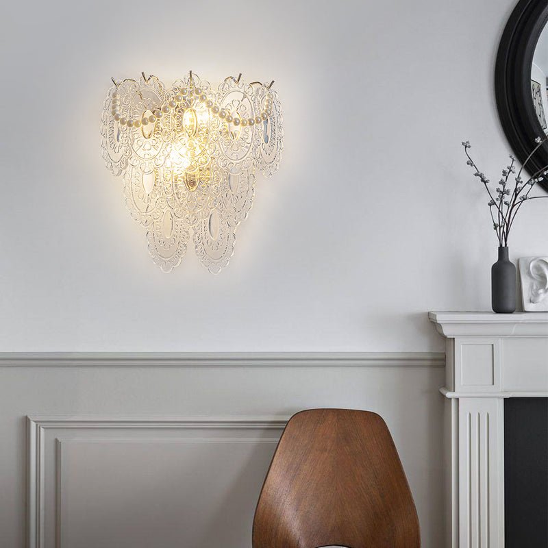 Glass Leaf Wall Sconce with Pearl Tassels – 3-Step Dimming LED