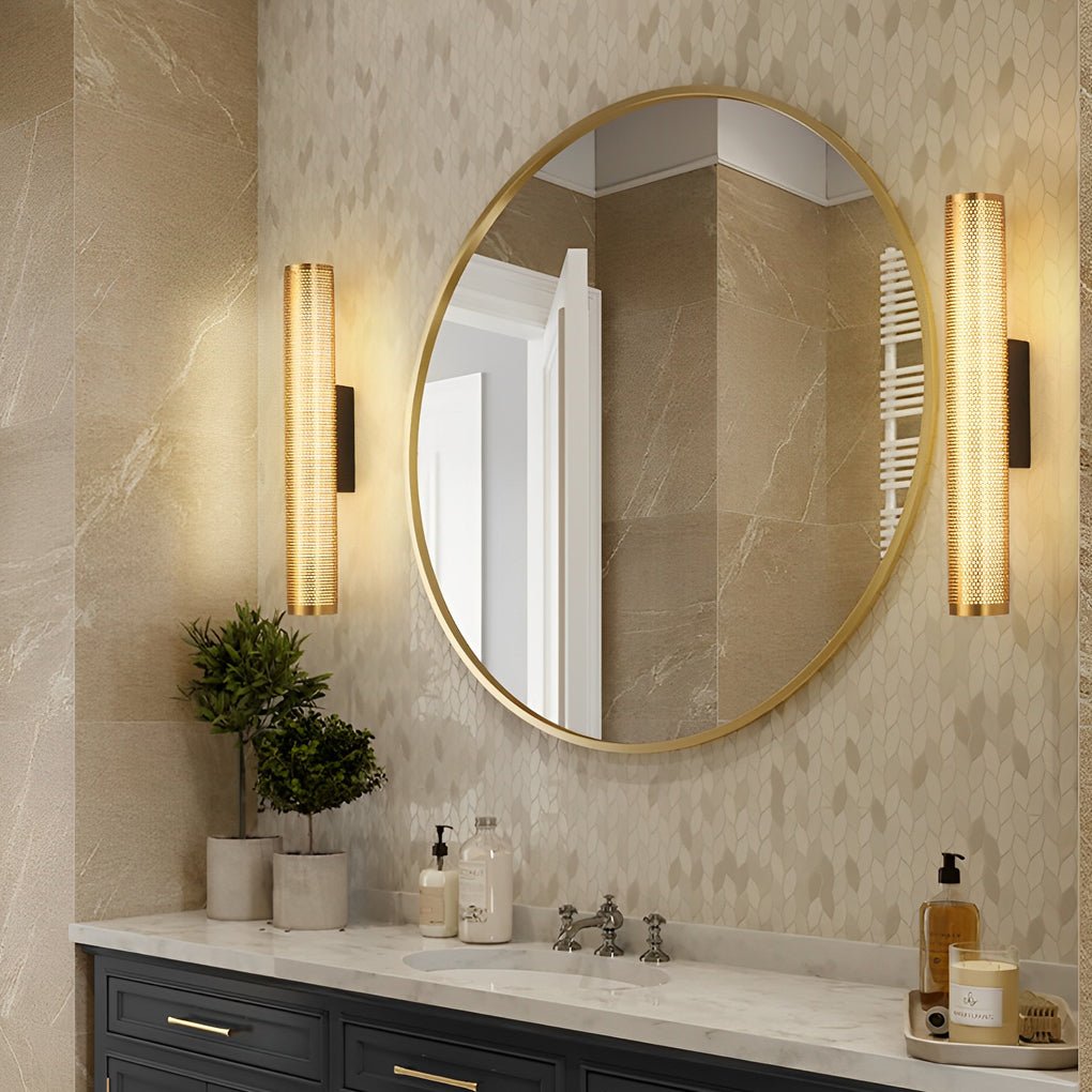Gold Perforated Cylindrical Bathroom Vanity Light – Modern Mesh