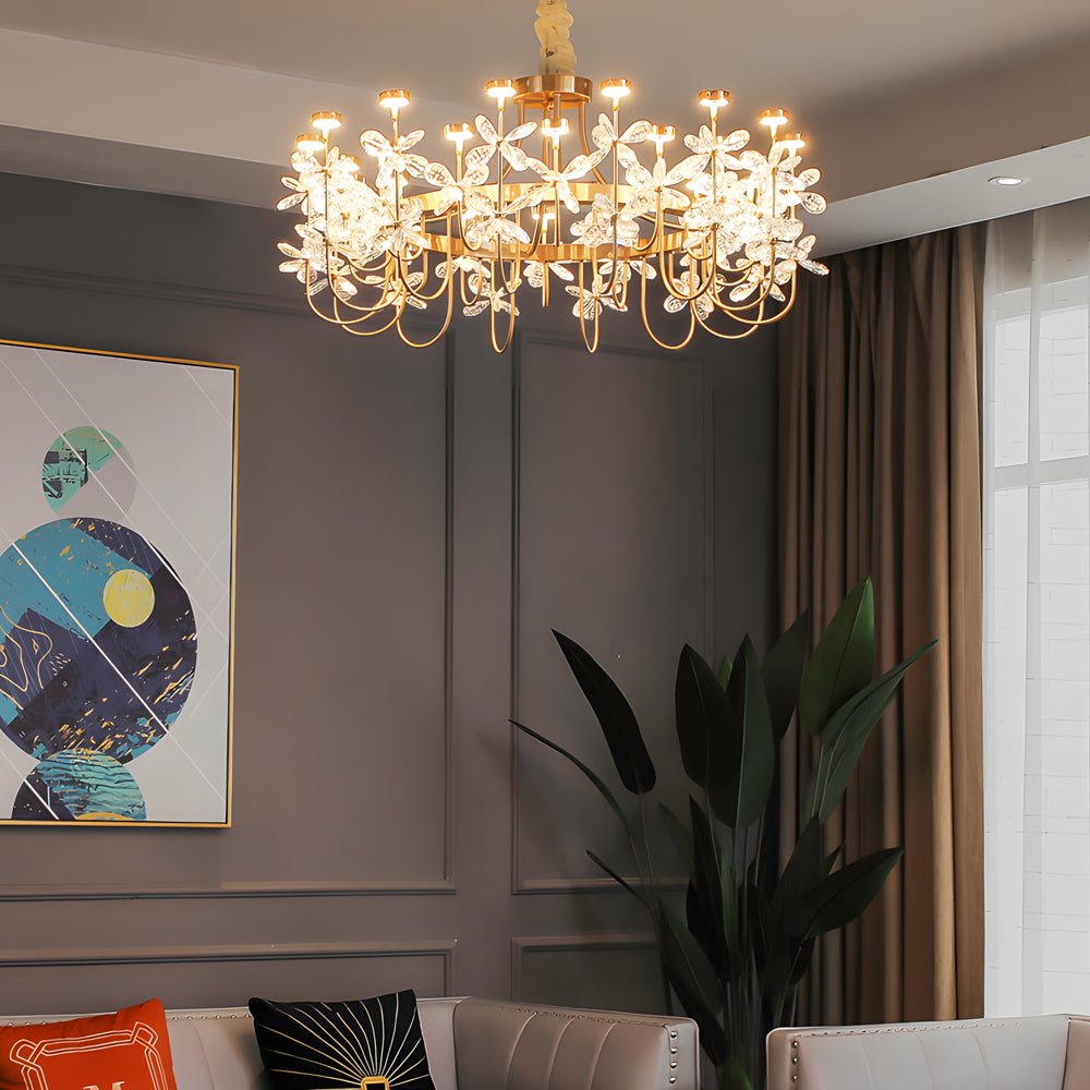 24-Light Crystal Flower Chandelier with Gold Finish