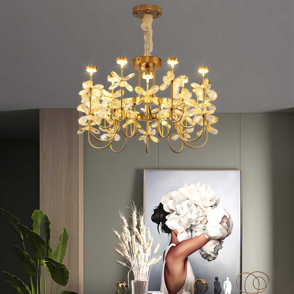 24-Light Crystal Flower Chandelier with Gold Finish