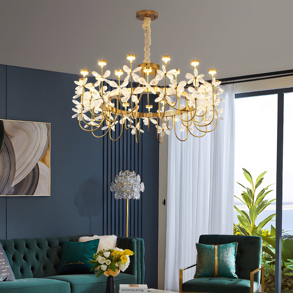 24-Light Crystal Flower Chandelier with Gold Finish
