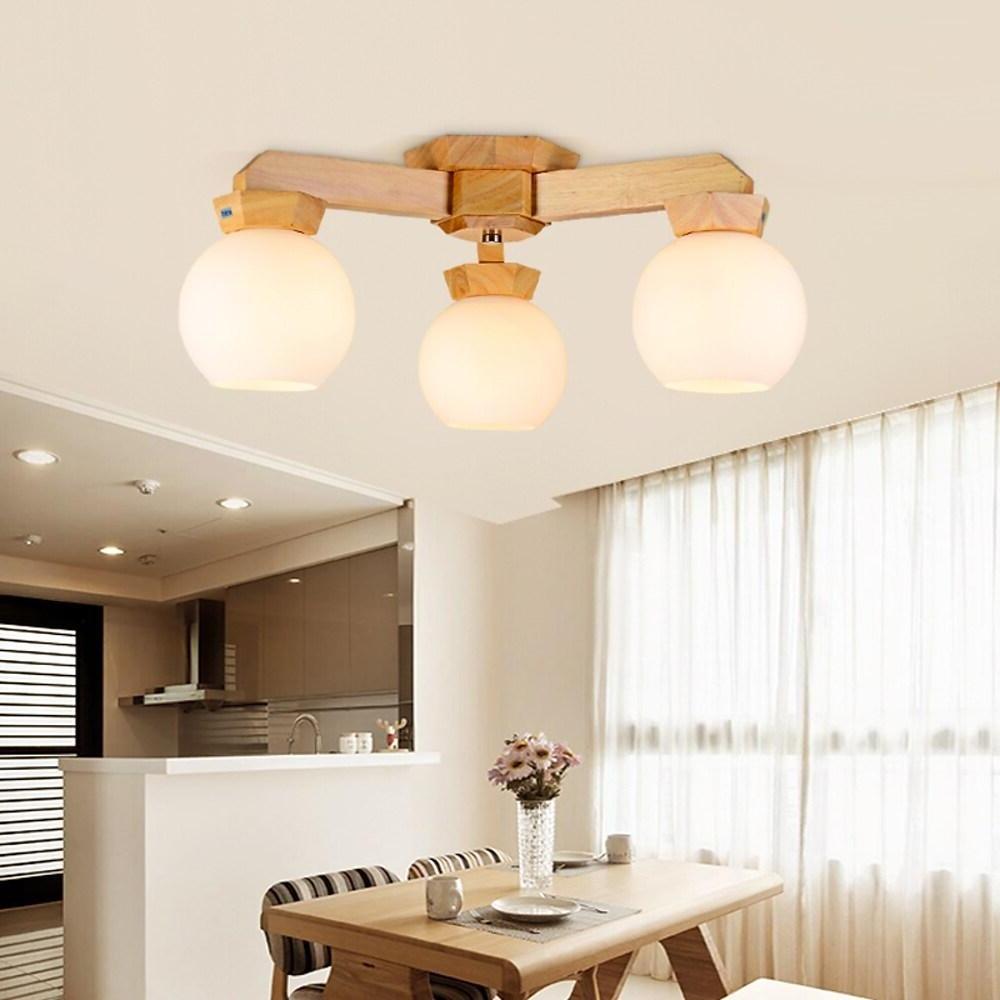 Nordic Wood Globe Flush Mount Ceiling Light with Glass Shades