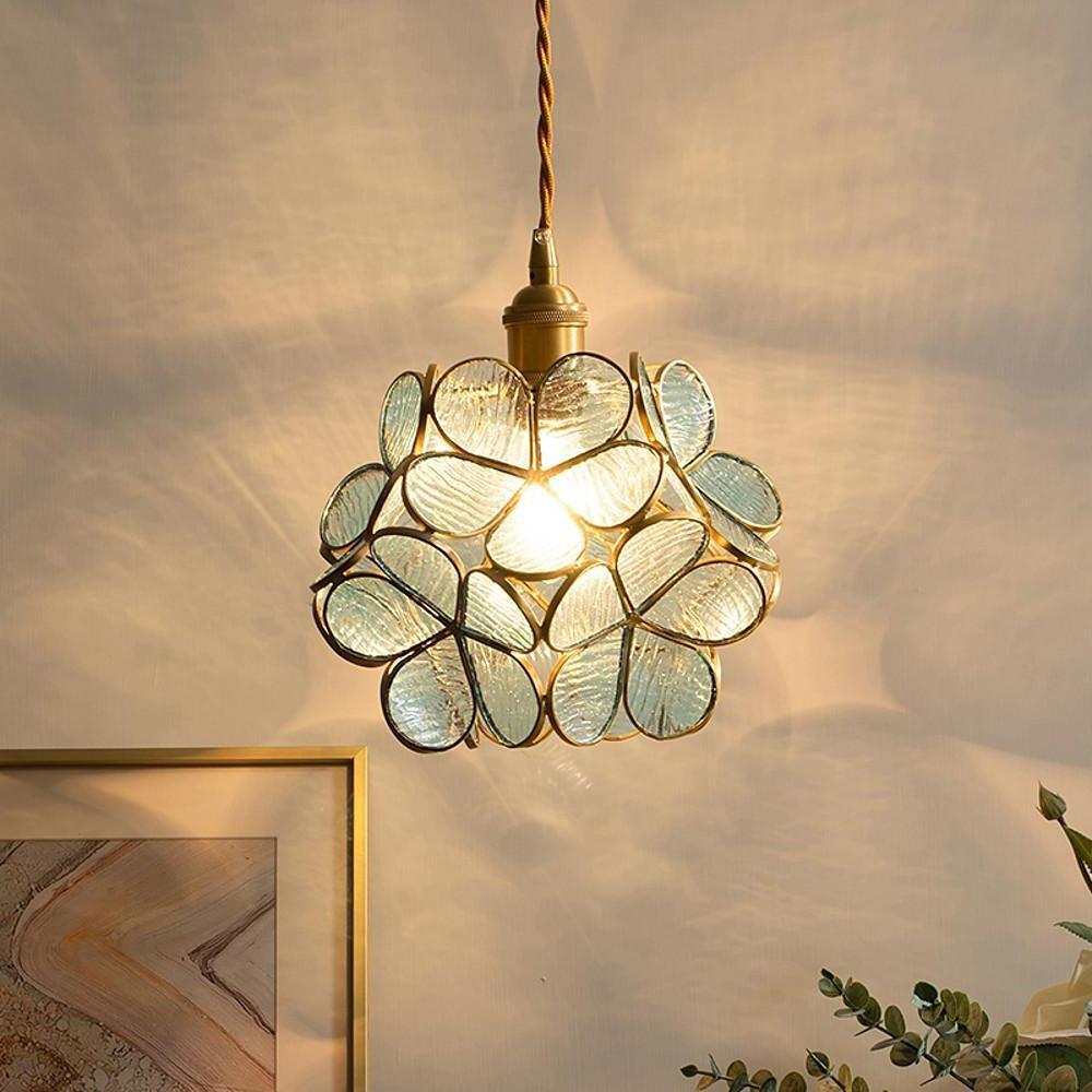 Floral Glass Pendant Light Modern Copper Finish Hanging Lamp