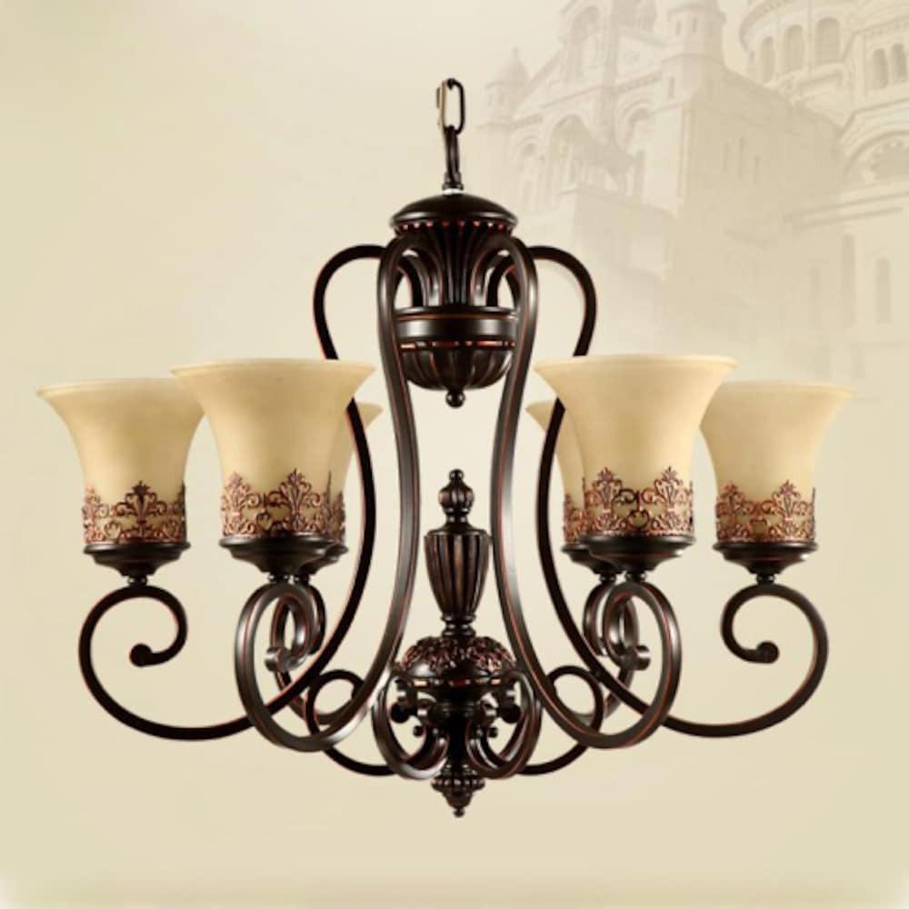 5-Light Vintage Chandelier with Glass Shades and Bronze Finish