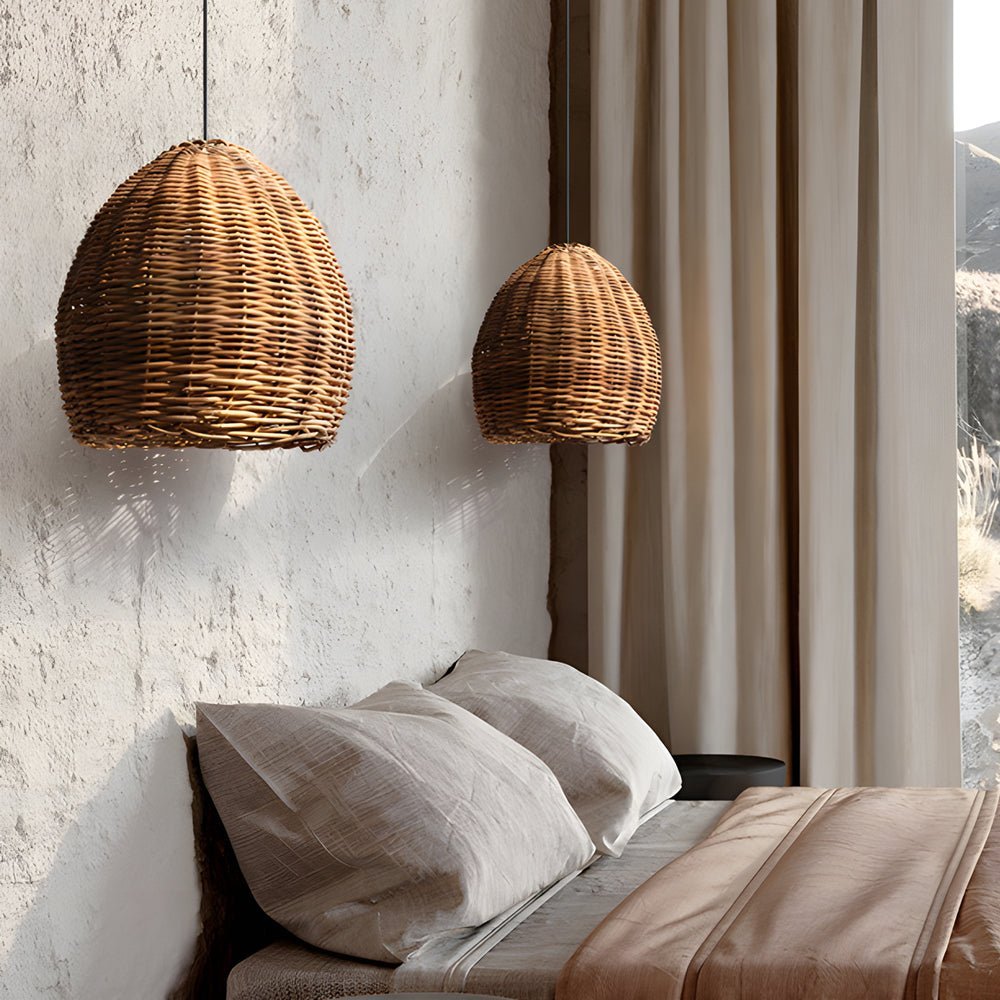 Wabi-Sabi Rattan Pendant Light with Leather Accents - Japanese Style