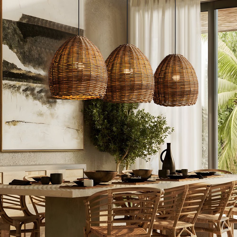 Wabi-Sabi Rattan Pendant Light with Leather Accents - Japanese Style