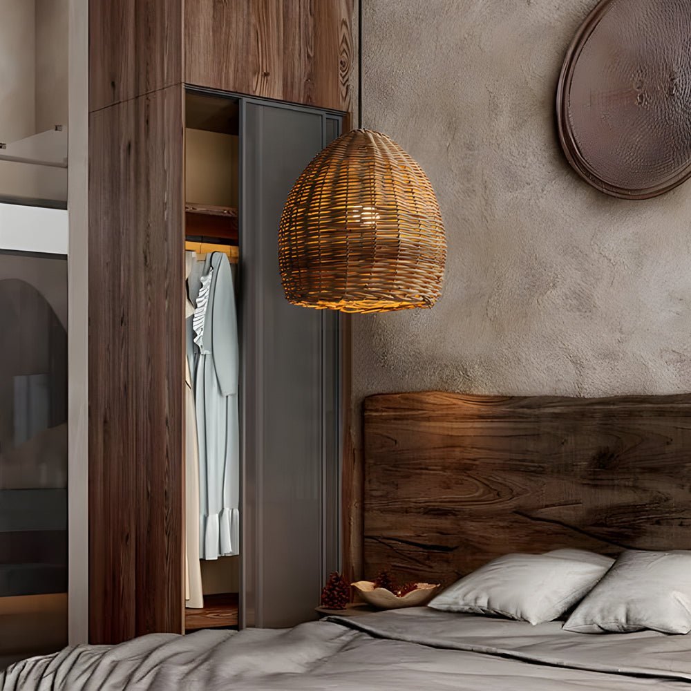 Wabi-Sabi Rattan Pendant Light with Leather Accents - Japanese Style