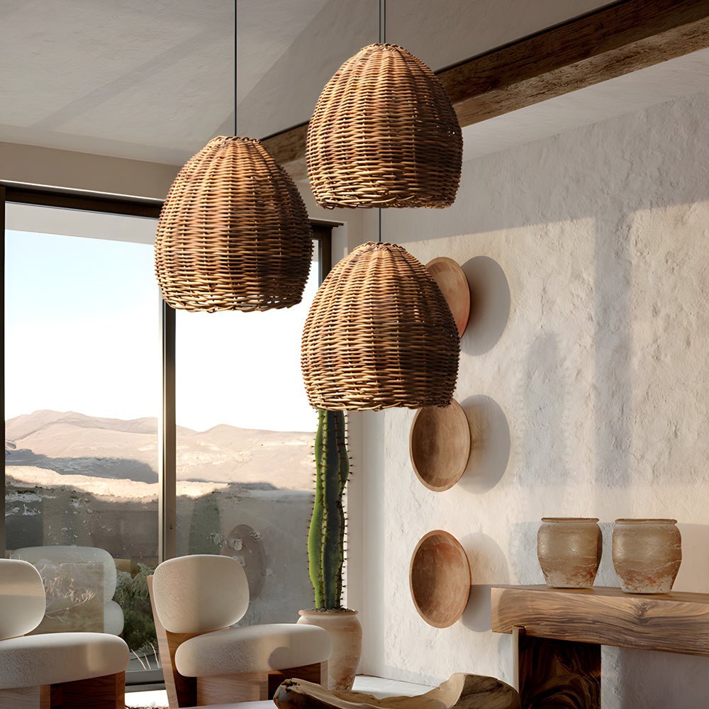 Wabi-Sabi Rattan Pendant Light with Leather Accents - Japanese Style