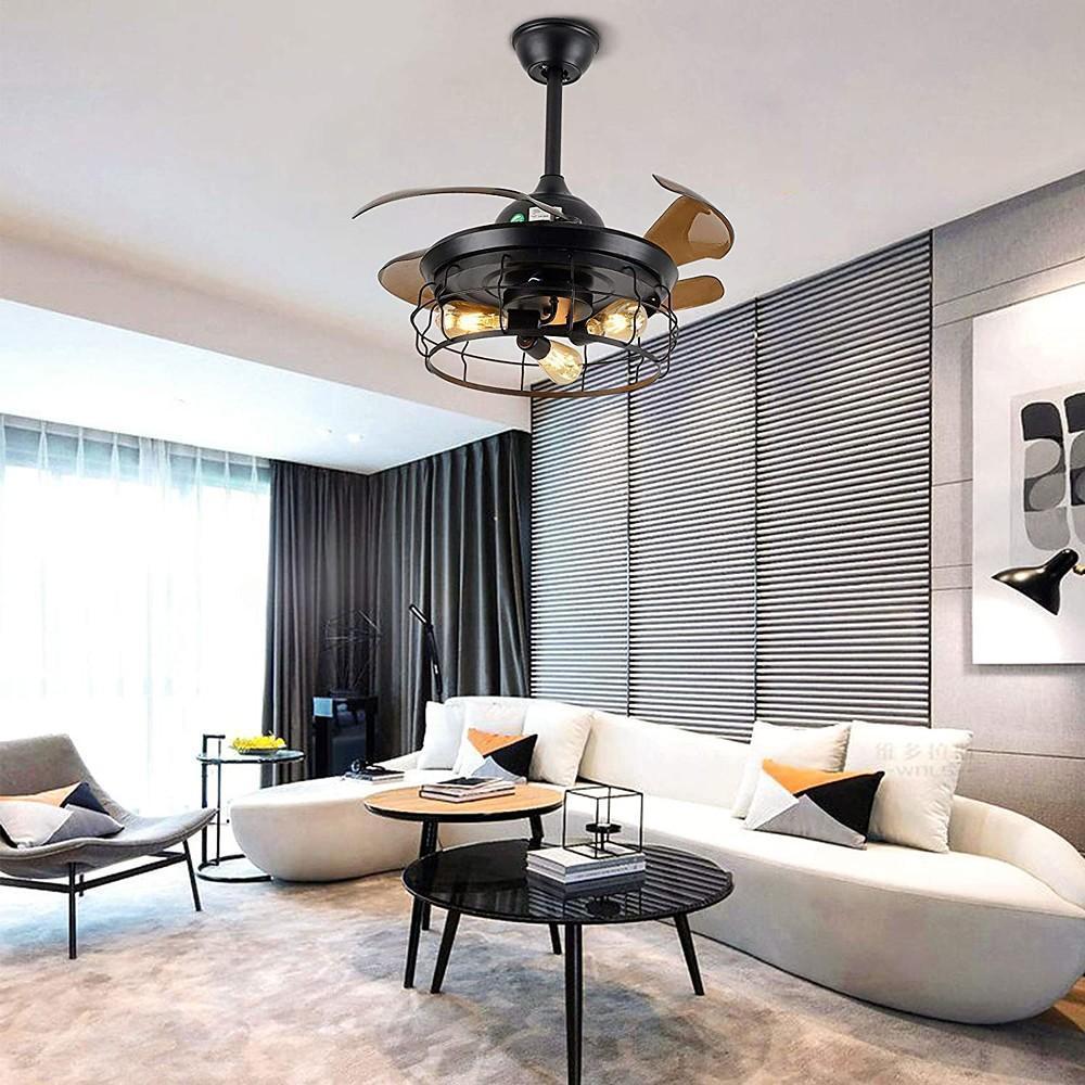Retractable Farmhouse Ceiling Fan Light with Lantern Design